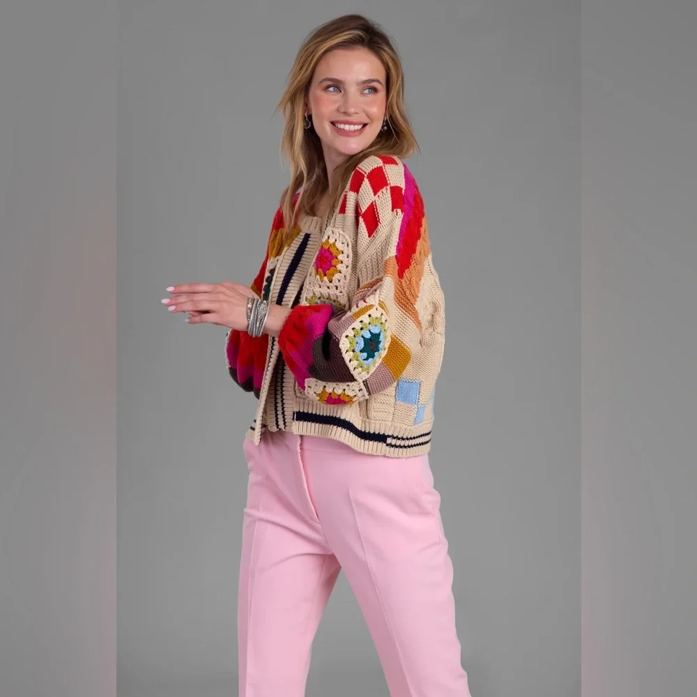 SAACHI Anthropologie Colorful Checkered Granny Square Cardigan Sweater